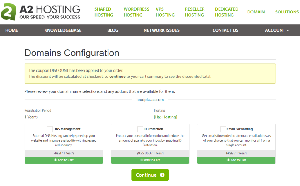 domains configuration at a2 hosting