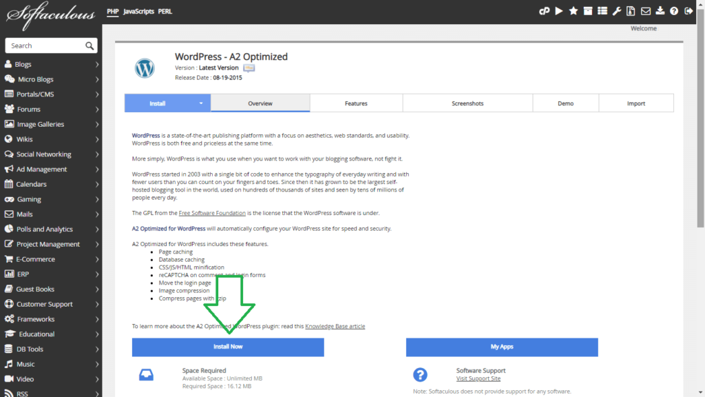 install now the wordpress a2 optimized