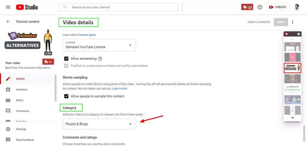 video category details on youtube studio