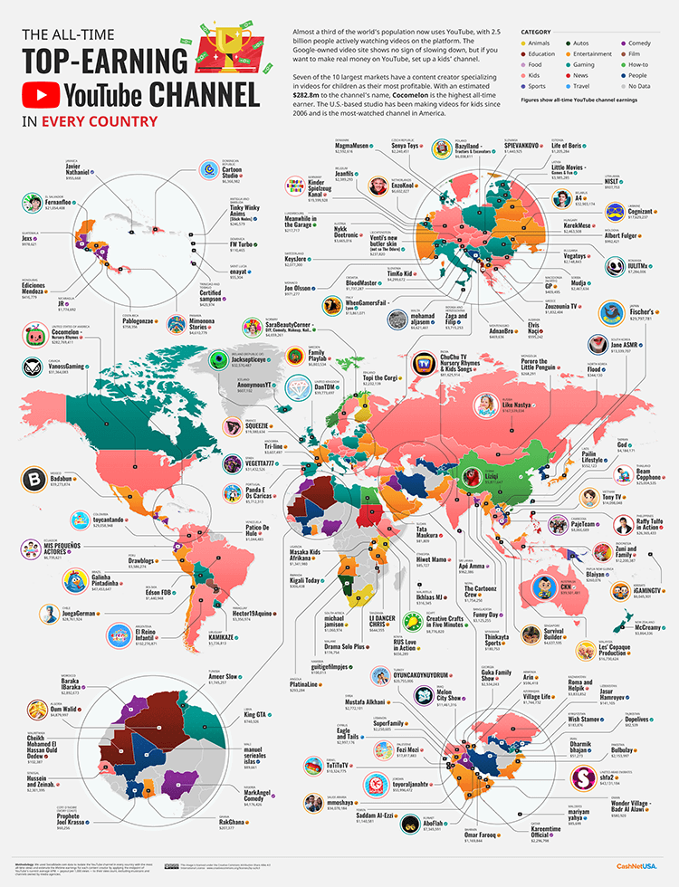 top earning youtuber world map