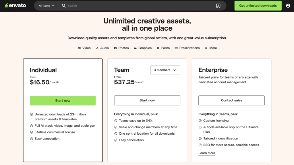 envato pricing-page-screenshot