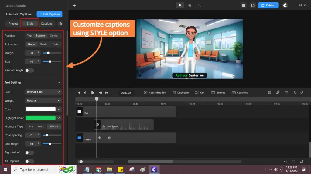 customize video captions using style option
